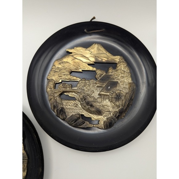 Vintage Japanese Black Gold 3D Relief Wall Plaques Set 2 The World Gift Co Japan - Picture 4 of 9